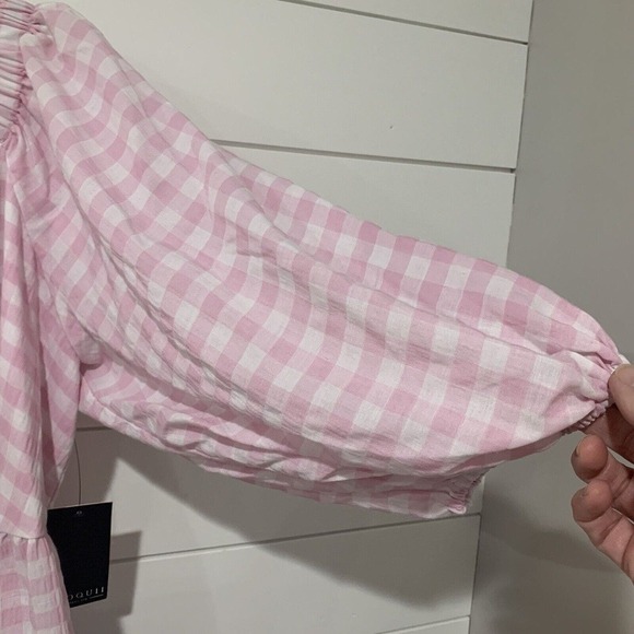 Eloquii | Midi Dress Pink Gingham Check Off the Shoulder Tiered NWT- Size 22 - Picture 4 of 11